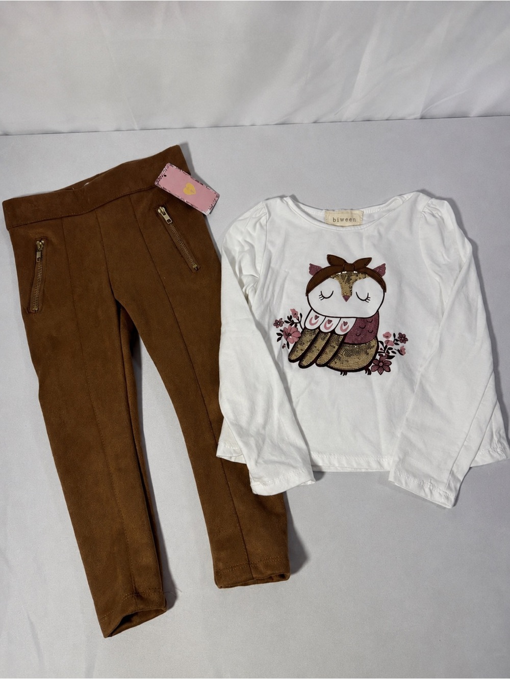 Btween Girls Owl Outfit Set Sz 4 Velour Pants Floral Sequin Long Sleeve Top